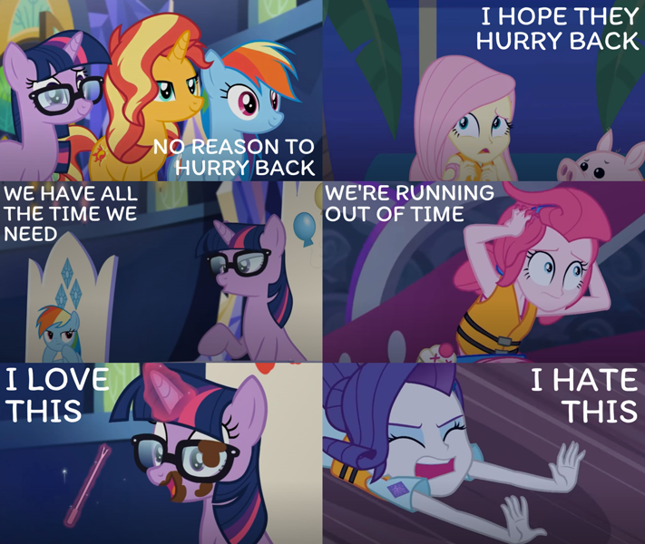 2506949 - safe, edit, edited screencap, editor:quoterific, screencap,  fluttershy, pinkie pie, rainbow dash, rarity, sci-twi, sunset shimmer,  twilight sparkle, pegasus, pig, pony, unicorn, equestria girls, equestria  girls series, spring breakdown ...