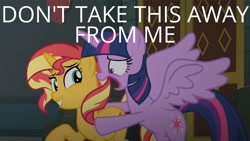 Size: 1920x1080 | Tagged: safe, edit, edited screencap, editor:quoterific, screencap, sunset shimmer, twilight sparkle, alicorn, pony, unicorn, equestria girls, equestria girls series, forgotten friendship, g4, bipedal, don't take this away from me, open mouth, twilight sparkle (alicorn), twilighting