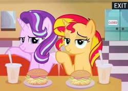 Size: 720x515 | Tagged: source needed, safe, starlight glimmer, sunset shimmer, pony, unicorn, g4, burger, diner, duo, fast food, fast food restaurant, female, food, hay burger, hoofbump, looking back, mare
