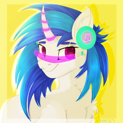 Size: 3500x3500 | Tagged: safe, artist:nyota71, dj pon-3, vinyl scratch, pony, unicorn, g4, bust, cheek fluff, chest fluff, colored pupils, cyberpunk, cyberpunk 2077, ear fluff, female, fluffy, futuristic, glowing eyes, glowing horn, headphones, high res, horn, mare, music notes, redesign, simple background, smiling, solo, visor