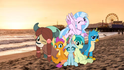 Size: 1461x822 | Tagged: safe, artist:jhayarr23, gallus, ocellus, sandbar, silverstream, smolder, yona, changedling, changeling, dragon, griffon, hippogriff, pony, yak, fanfic:travel around the world with ponies, g4, california, cloven hooves, dragoness, female, irl, looking at you, los angeles, male, photo, ponies in real life, student six, vector