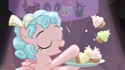 Size: 1280x720 | Tagged: safe, screencap, cozy glow, grogar, lord tirek, queen chrysalis, pony, frenemies (episode), g4, cupcake, food, pure unfiltered evil