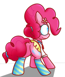 Size: 1251x1471 | Tagged: safe, artist:mr-degration, pinkie pie, earth pony, pony, g4, balloonbutt, butt, clothes, female, flower, flower in hair, plot, simple background, skirt, socks, solo, striped socks, transparent background