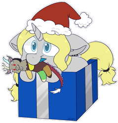 Size: 719x751 | Tagged: safe, artist:jetjetj, part of a set, discord, oc, oc only, oc:moon beam, pony, unicorn, g4, christmas, commission, hat, holiday, mouth hold, plushie, present, santa hat, solo, ych result