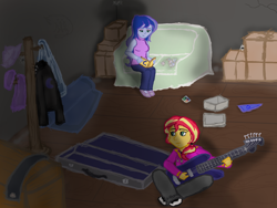 Size: 1600x1200 | Tagged: safe, artist:fluidty, princess luna, sunset shimmer, vice principal luna, equestria girls, g4, basement, boxes, female, guitar, headcanon, musical instrument, yearbook, younger sunset