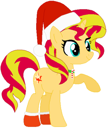 Size: 384x458 | Tagged: safe, artist:selenaede, artist:user15432, sunset shimmer, pony, unicorn, g4, base used, candy, candy cane, christmas, christmas outfit, clothes, food, hat, holiday, jewelry, necklace, orange sock, raised hoof, red hat, santa hat, socks, solo