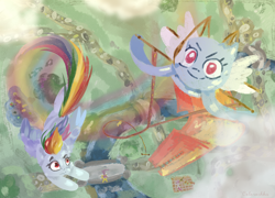 Size: 1280x922 | Tagged: safe, artist:colorbrush, rainbow dash, scootaloo, pegasus, pony, g4, chase, cloud, female, flying, high angle, kite, looking at something, looking up, mare, outdoors, rainbow dash is a kite, river, solo focus, spread wings, vertigo, wings