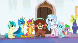 Size: 862x482 | Tagged: safe, screencap, gallus, ocellus, sandbar, silverstream, smolder, spike, yona, changedling, changeling, classical hippogriff, dragon, earth pony, griffon, hippogriff, pony, yak, a matter of principals, g4, angry, animated, bow, cloven hooves, colored hooves, confused, dragoness, female, gif, hair bow, jewelry, looking at you, male, monkey swings, necklace, student six, teenager, winged spike, wings