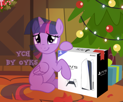 Size: 2500x2083 | Tagged: safe, artist:oyks, twilight sparkle, alicorn, pony, g4, box, christmas, christmas lights, christmas tree, christmas wreath, console, controller, cute, female, high res, holiday, mare, missing cutie mark, playstation 5, present, raised hoof, sitting, solo, tree, twiabetes, twilight sparkle (alicorn), wreath, ych example, your character here