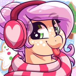 Size: 2000x2000 | Tagged: safe, artist:graphene, oc, oc only, oc:claire, pony, clothes, eyebrows, eyebrows visible through hair, female, gingerbread (food), high res, holiday, mare, profile picture, scarf, solo, tongue out