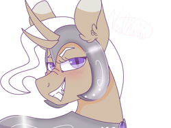 Size: 1024x768 | Tagged: safe, artist:valkiria, oc, oc only, oc:valkiria, pony, unicorn, >:), armor, ear fluff, horn, looking at you, multiple horns, simple background, smiling at you, white background