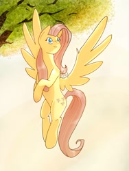 Size: 768x1024 | Tagged: safe, artist:thesilverlightshines, fluttershy, pegasus, pony, g4, female, flying, looking away, looking up, mare, smiling, solo, spread wings, three quarter view, tree, turned head, wings