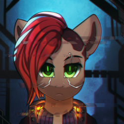 Size: 2000x2000 | Tagged: safe, artist:freak-side, oc, oc only, earth pony, pony, alternate versions at source, bust, cyberpunk, cyberpunk 2077, error, glitch, high res, looking at you, portrait, solo, technology
