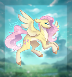 Size: 1634x1753 | Tagged: safe, artist:kiaraarts, fluttershy, pegasus, pony, g4, blaze (coat marking), blurry background, coat markings, colored hooves, countershading, facial markings, female, floppy ears, flying, looking at you, mare, pale belly, profile, socks (coat markings), solo, spread wings, wings