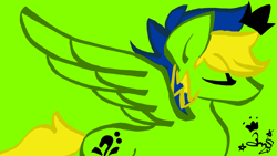 Size: 1024x576 | Tagged: safe, artist:amgiwolf, oc, oc only, oc:viexy ams, pegasus, pony, eyes closed, green background, pegasus oc, signature, simple background, solo, wings
