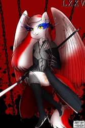 Size: 1000x1500 | Tagged: safe, alternate version, artist:ftr17s, oc, oc only, alicorn, anthro, alicorn oc, chains, clothes, crossed legs, female, high heels, horn, shoes, sitting, smiling, solo, sombra eyes, sword, weapon, wings