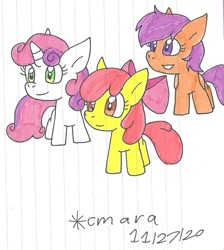 Size: 970x1081 | Tagged: safe, artist:cmara, apple bloom, scootaloo, sweetie belle, earth pony, pegasus, pony, unicorn, g4, apple bloom's bow, bow, cutie mark crusaders, female, filly, grin, hair bow, simple background, smiling, traditional art, trio, white background