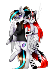 Size: 1998x2797 | Tagged: safe, artist:blitsazalisdash, artist:minelvi, oc, oc only, pegasus, pony, unicorn, bipedal, cigarette, clothes, collaboration, duo, female, horn, mare, pegasus oc, simple background, smoking, sunglasses, transparent background, unicorn oc, wings