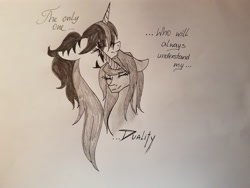 Size: 4032x3024 | Tagged: safe, artist:minelvi, oc, oc only, pony, unicorn, bust, duo, eyes closed, horn, nuzzling, talking, traditional art, unicorn oc