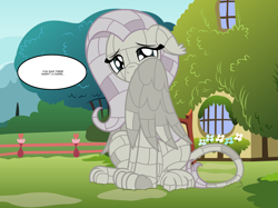 Size: 2595x1943 | Tagged: safe, artist:badumsquish, derpibooru exclusive, fluttershy, monster pony, object pony, original species, pegasus, pony, sphinx, g4, aftermath, bricks, curse, cursed, dialogue, female, floppy ears, fluttershy's cottage, fluttersphinx, frown, giant pony, hiding behind wing, implied twilight sparkle, living statue, looking at you, macro, mare, nervous, offscreen character, ponified, show accurate, sitting, solo, somnambulan curse, species swap, speech bubble, sphinxified, statue pony, tail wrap, talking to viewer, transformation, two toned coat, unamused, wings
