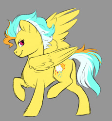 Size: 882x960 | Tagged: safe, artist:silentwolf-oficial, oc, oc only, pegasus, pony, gray background, pegasus oc, raised hoof, simple background, smiling, solo, wings