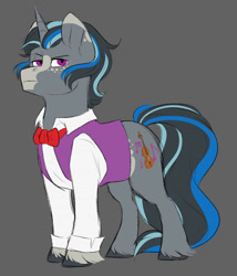 Size: 822x960 | Tagged: safe, artist:silentwolf-oficial, oc, oc only, pony, unicorn, bowtie, clothes, gray background, horn, male, simple background, solo, stallion, unicorn oc, unshorn fetlocks