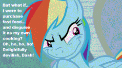 Size: 500x281 | Tagged: safe, edit, screencap, rainbow dash, pegasus, pony, g4, tanks for the memories, crossing the memes, evil, evil grin, faic, female, gif, grin, how the grinch stole christmas, male, mare, meme, non-animated gif, pure unfiltered evil, rainbow dash is best facemaker, rainbow grinch, smiling, solo, steamed hams, text, the grinch, the simpsons, then she got an idea