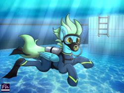Size: 6000x4500 | Tagged: safe, artist:chrisfhey, oc, oc only, oc:sea glow, pony, air tank, crepuscular rays, dive mask, ear fluff, flippers (gear), green mane, respirator, scuba gear, solo, swimming, swimming pool, underwater, wetsuit, yellow eyes