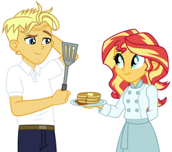 Size: 1024x907 | Tagged: safe, artist:emeraldblast63, gourmand ramsay, sunset shimmer, equestria girls, g4, butter, chef, equestria girls-ified, food, gordon ramsay, humanized ponified human, kitchen nightmares, pancakes, simple background, spatula, syrup, transparent background