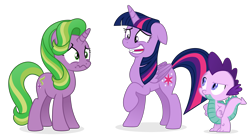 Size: 4555x2519 | Tagged: safe, artist:cirillaq, spike, starlight glimmer, twilight sparkle, alicorn, dragon, pony, unicorn, g4, about to cry, floppy ears, nervous laugh, oops, palette swap, raised hoof, recolor, simple background, spell gone wrong, transparent background, twilight sparkle (alicorn), vector, wavy mouth