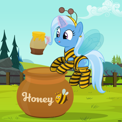 Size: 6000x6000 | Tagged: safe, artist:a4r91n, trixie, bee, insect, pony, unicorn, g4, absurd resolution, animal costume, bee costume, clothes, costume, food, glowing horn, headband, honey, horn, leotard, levitation, magic, mug, pot, socks, solo, striped socks, telekinesis, thigh highs, tongue out, vector