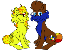 Size: 1500x1200 | Tagged: safe, artist:jay_wackal, oc, oc:marmalade, oc:rubik, earth pony, pegasus, pony, 2021 community collab, derpibooru community collaboration, cute, female, looking at you, mare, original character do not steal, simple background, sitting, transparent background