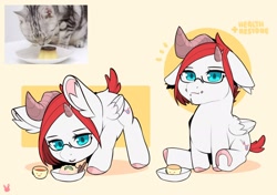 Size: 1920x1348 | Tagged: safe, artist:sugarelement, oc, oc only, oc:red cherry, cat, pegasus, pony, cup, food, glasses, licking, pudding, solo, teacup, tongue out