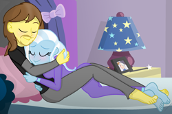 Size: 2260x1502 | Tagged: safe, artist:grapefruitface1, artist:uzzi-ponydubberx, trixie, oc, oc:grapefruit face, equestria girls, g4, barefoot, base used, bed, bedroom, blushing, canon x oc, clothes, cuddling, eyes closed, feet, female, grapexie, hug, lamp, magic wand, nightstand, pajamas, picture, pillow, shipping, show accurate, sleeping, straight