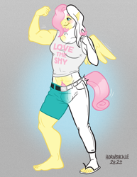 Size: 800x1035 | Tagged: safe, artist:hornbuckle, fluttershy, oc, oc:rachel, oc:rachel groves, human, pegasus, anthro, plantigrade anthro, series:lovethetf, g4, abs, barefoot, bicep flex, biceps, blushing, breasts, butterscotch, character to character, clothes, colored lineart, facial hair, feet, female to male, goatee, hair twirl, happy trail, human oc, human to anthro, muscle growth, muscles, muscleshy, pubic hair, rule 63, solo, transformation, transformation sequence, transforming clothes, transgender transformation, wardrobe malfunction