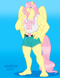 Size: 800x1035 | Tagged: safe, artist:hornbuckle, fluttershy, pegasus, anthro, plantigrade anthro, series:lovethetf, g4, abs, barefoot, blushing, butterscotch, character to character, clothes, colored lineart, facial hair, feet, female to male, flutterguy, goatee, human to anthro, male, muscle growth, muscles, muscleshy, pecs, rule 63, solo, transformation, transformation sequence, transgender transformation