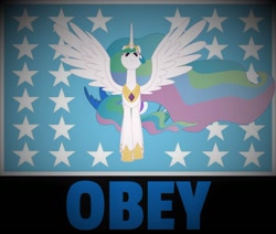 Size: 1280x1083 | Tagged: safe, princess celestia, pony, g4, dark background, flag, flag of equestria, intimidating, looking at you, menacing, obey, spread wings, tyrant celestia, wings