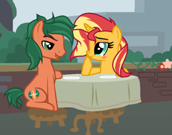 Size: 776x612 | Tagged: safe, artist:kucysia123, sunset shimmer, timber spruce, earth pony, pony, unicorn, g4, base used, female, male, ponified, ship:timbershimmer, shipping, straight, table