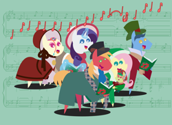 Size: 2160x1584 | Tagged: safe, anonymous artist, big macintosh, fluttershy, rarity, toe-tapper, torch song, oc, oc:late riser, earth pony, pegasus, pony, series:fm holidays, series:hearth's warming advent calendar, g4, advent calendar, baby, baby pony, book, caroling, christmas, clothes, coat, colt, dress, earmuffs, family, female, glowing horn, hat, holding a pony, holiday, hood, horn, levitation, lineless, magic, male, mare, music notes, offspring, parent:big macintosh, parent:fluttershy, parents:fluttermac, plaid, pointy ponies, ponytones, scarf, ship:fluttermac, shipping, singing, stallion, straight, telekinesis, top hat, unmoving plaid
