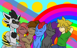 Size: 2576x1632 | Tagged: safe, artist:noblebrony317, oc, oc:eis, oc:foxidro, oc:fritzy, oc:matica, oc:mocha sprinkles, oc:yan, avali, bat pony, earth pony, human, original species, pegasus, pony, robot, unicorn, bat pony oc, bat wings, colorful, cute, earth pony oc, group, group hug, horn, hug, male, pegasus oc, stallion, unicorn oc, wings