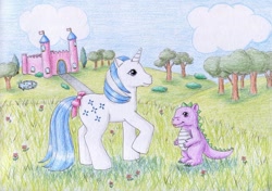 Size: 1064x751 | Tagged: safe, artist:normaleeinsane, majesty, spike (g1), dragon, pony, g1, bow, castle, cloud, cute, dream castle, duo, female, flower, g1 spikabetes, majestorable, mare, raised hoof, scenery, smiling, tail bow, traditional art, tree