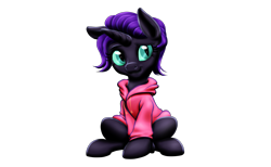 Size: 2575x1591 | Tagged: safe, artist:vasillium, oc, oc only, oc:nyx, alicorn, pony, alicorn oc, clothes, cute, eyebrows, eyelashes, female, filly, hoodie, horn, jacket, lidded eyes, nostrils, nyxabetes, princess, royalty, simple background, sitting, smiling, solo, transparent background, wings