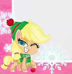 Size: 296x301 | Tagged: safe, applejack, earth pony, pony, g4.5, my little pony: pony life, official, christmas, female, holiday, looking at you, mare, snow, snowflake, solo