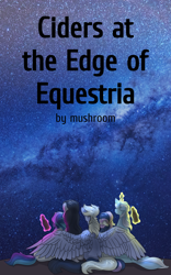 Size: 1280x2048 | Tagged: safe, artist:mushroompone, bon bon, derpy hooves, dj pon-3, lyra heartstrings, octavia melody, sweetie drops, vinyl scratch, earth pony, pegasus, pony, unicorn, fanfic:ciders at the edge of equestria, g4, background five, fanfic, fanfic art, fanfic cover, hug, winghug