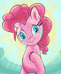 Size: 1586x1920 | Tagged: safe, artist:skunkstripe, pinkie pie, earth pony, pony, g4, crying, halo, hoof on chest, looking at you, tears of joy, unshorn fetlocks