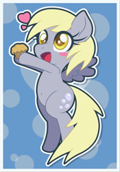 Size: 1396x2000 | Tagged: safe, artist:doctor-g, derpy hooves, pegasus, pony, g4, belly button, bipedal, blush sticker, blushing, cute, derpabetes, female, heart, mare, muffin, open mouth, solo, that pony sure does love muffins