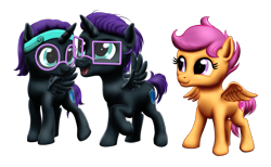Size: 2575x1591 | Tagged: safe, artist:vasillium, scootaloo, oc, oc:nox (rule 63), oc:nyx, alicorn, pegasus, pony, g4, accessory, adorable face, adorkable, alicorn oc, brother, brother and sister, colt, cute, cutealoo, cutie mark, diabetes, dork, eyelashes, eyes open, family, female, filly, glasses, happy, headband, heartwarming, horn, looking, looking at each other, male, nostrils, nyxabetes, open mouth, prince, princess, r63 paradox, royalty, rule 63, rule63betes, self paradox, self ponidox, shield, siblings, simple background, sister, smiling, spread wings, sweet, transparent background, twins, wall of tags, wings