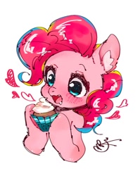 Size: 611x768 | Tagged: dead source, safe, artist:raimugi____, pinkie pie, earth pony, pony, g4, blushing, cupcake, cute, cute little fangs, diapinkes, drool, ear fluff, fangs, female, food, heart, hoof hold, mare, open mouth, solo