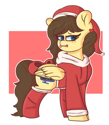 Size: 2920x3363 | Tagged: safe, artist:retro_hearts, oc, oc:retro hearts, pegasus, pony, bow, candy, candy cane, christmas, clothes, cutie mark, female, food, freckles, hat, high res, holiday, hoodie, santa hat, simple background, socks, wings