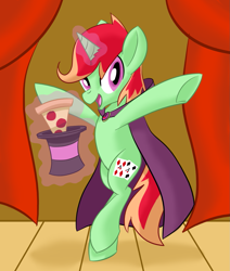 Size: 1127x1326 | Tagged: safe, artist:notadeliciouspotato, oc, oc only, oc:jonin, pony, unicorn, bipedal, cape, clothes, food, glowing horn, happy, hat, horn, looking at you, magic, magic show, male, open mouth, pizza, smiling, solo, stage, stallion, telekinesis, top hat, underhoof
